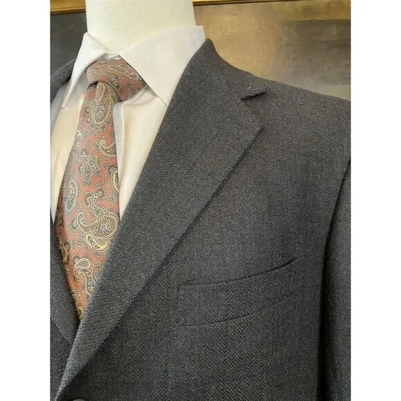 VTG Stafford 42L Wool Cashmere Herringbone Dark Gray Windowpane 3Btn Sport‎ Coat